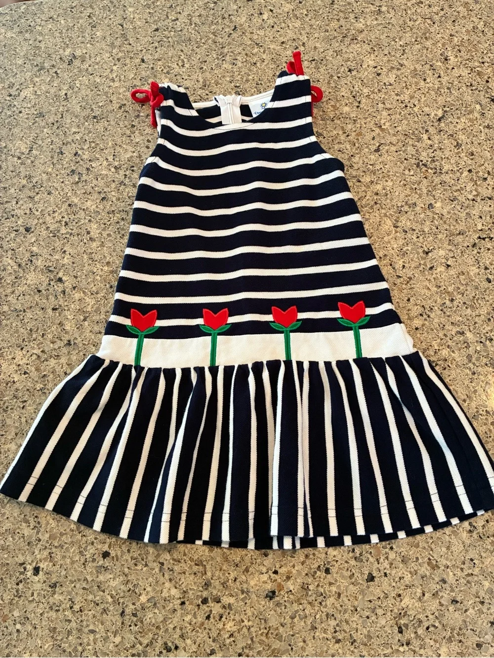 3T Florence Eiseman Navy and White Striped Tank Dress with Red Tulips